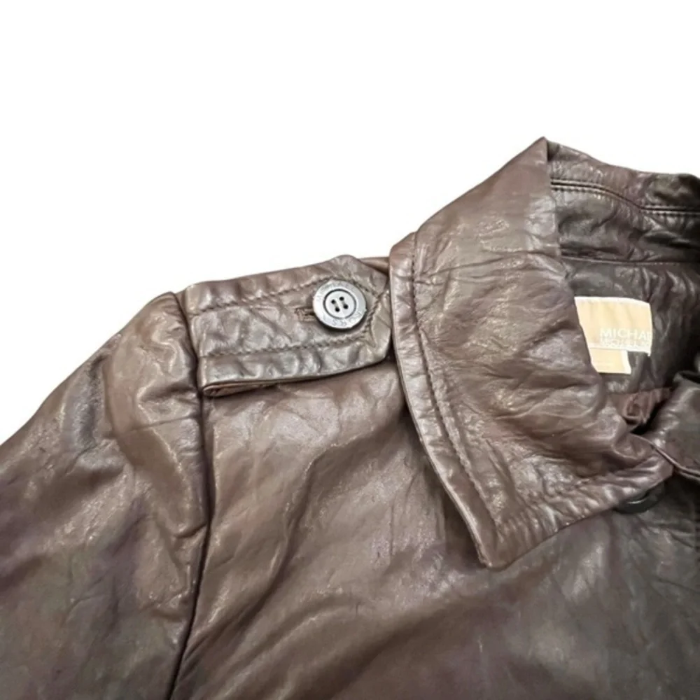 Michael Kors Women's Brown Button Front‎ Genuine Leather Coat Large Short Lined